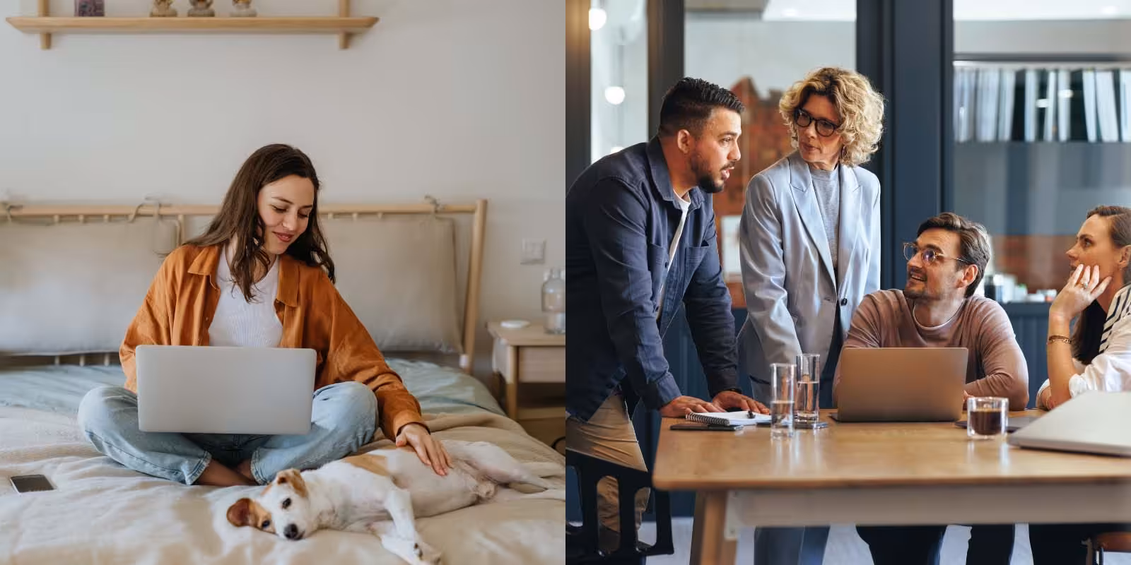 Split image showing a professional working remotely from bed with a dog, and a group of professionals collaborating in an office