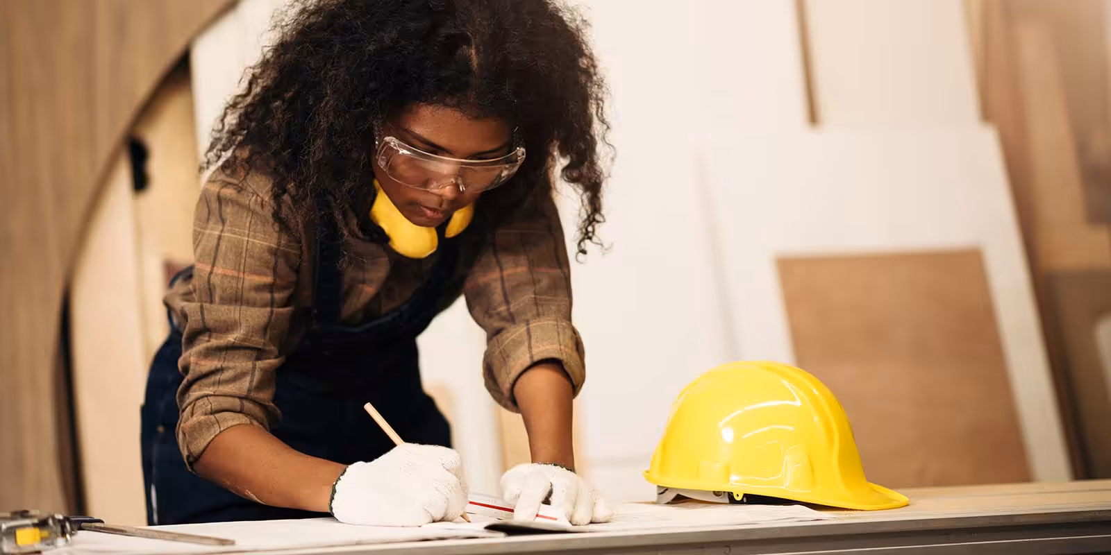 A tradeswoman wearing safety goggles, gloves, and a plaid shirt works at a table, using a pencil to mark measurements on a piece of material, with a yellow hard hat beside her
